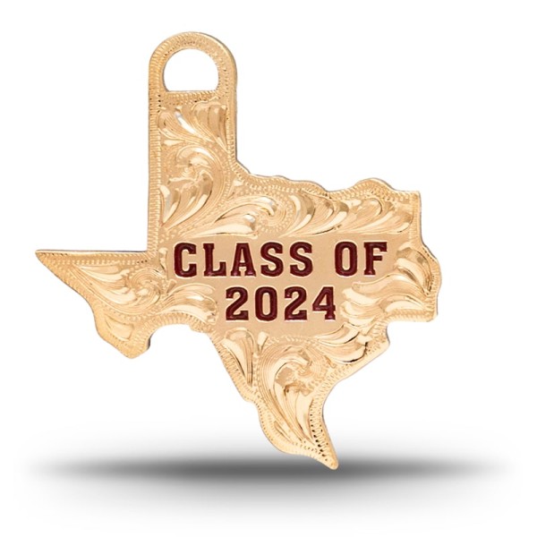 A custom silver tassel charm for 2024 graduates, designed for memorial caps, featuring a Texas State Shape